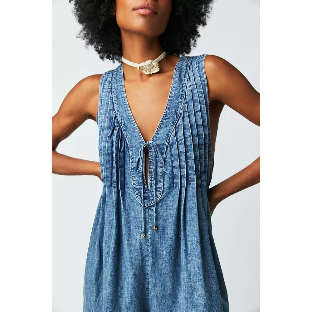 Free People Webster Denim Romper Falling Rain Wash Small Classic Timeless NWT - Picture 2 of 11